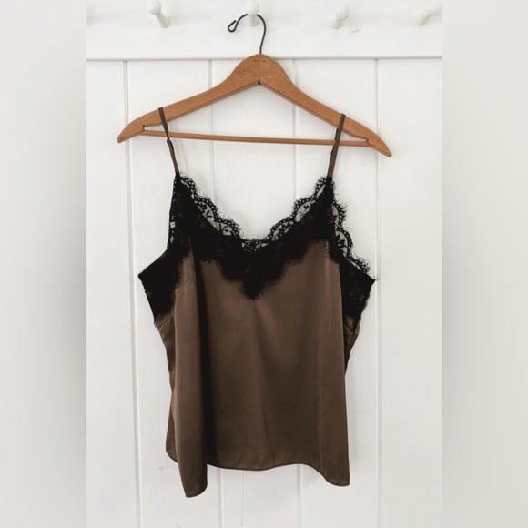 The Drop Satin Lace Tank Top Green Black Lace Y2K Silky Neutral Spaghetti Strap - Picture 3 of 10